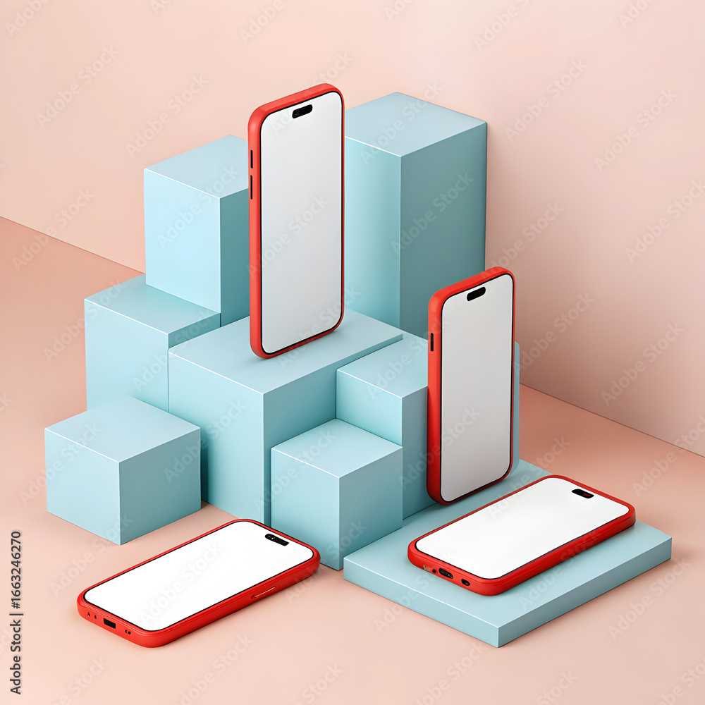 Poster four red smartphone cases with blank white screens arranged on light blue geometric blocks with a pi