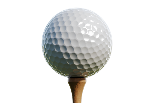 Classic White Golf Ball on Wooden Tee, Front View, Isolated on Transparent Background
