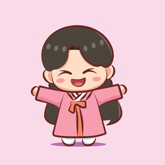 Cute Chibi Girl in Pink Hanbok Kawaii Korean Character