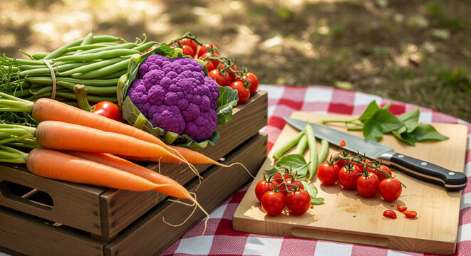 An appetizing outdoor setup featuring a vibrant collection of fresh, organic vegetables on a red and white checkered tablecloth. A wooden crate holds a large purple cauliflower
