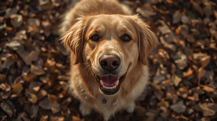 Golden Retriever Smiling in Autumn Leaves
