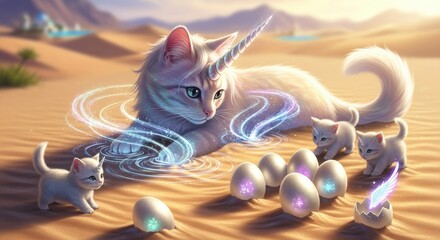 Fototapeta premium Magical unicorn cat family in desert scene with glowing eggs and whimsical fantasy