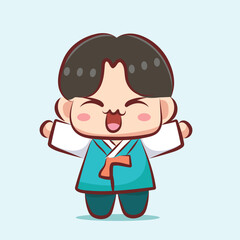 Happy Chibi Girl in Hanbok Kawaii Style Illustration