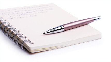 Pen and notebook with multilingual words written, (clean modern detail, white isolated background