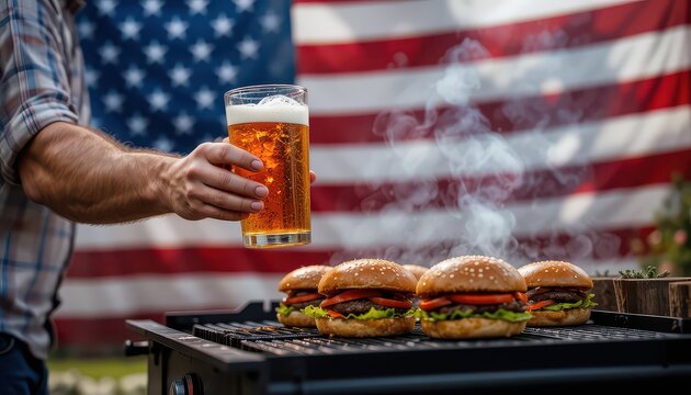 Man holding beer with burgers on grill and american flag in the background for fourth of july celebration