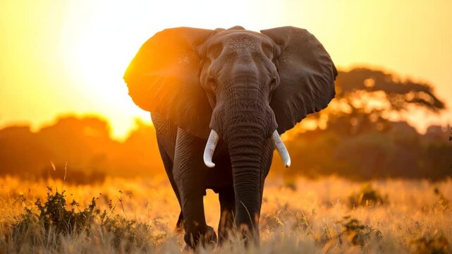 Majestic elephant facing forward at sunset