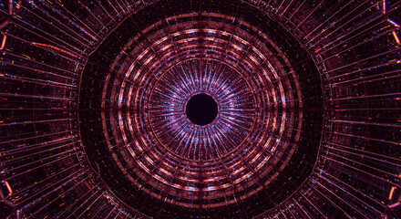 Hypnotic tunnel of light with pulsating purple and red energy