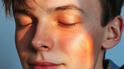 Man with closed eyes illuminated by colored gel lighting creating a vibrant reflection on the skin