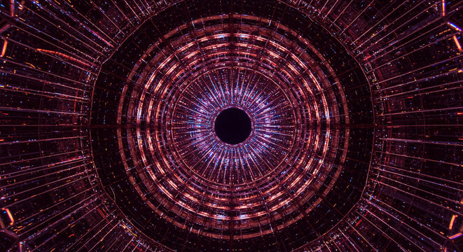 Hypnotic tunnel of light with pulsating purple and red energy