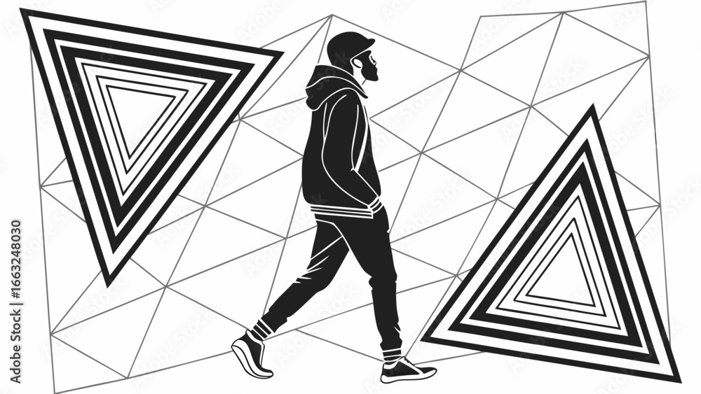 Poster silhouette of a man walking between layered triangles on a geometric background in black and white s