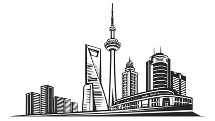Illustration of a cityscape with several skyscrapers and a tall tower in black and white style created with generated ai