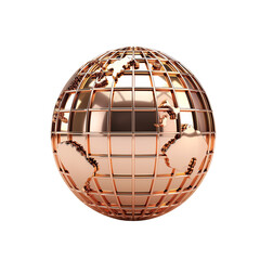 3D globe icon in rose gold, global business or connection theme, metallic sheen