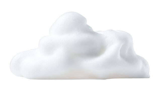 Smooth cosmetic mousse foam smear, airy and fluffy white texture with glossy highlights, soft and light appearance, isolated on clean white background, minimal skincare aesthetic