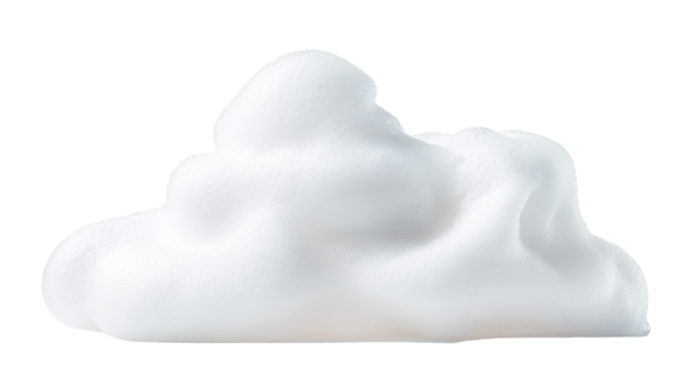 Smooth cosmetic mousse foam smear, airy and fluffy white texture with glossy highlights, soft and light appearance, isolated on clean white background, minimal skincare aesthetic