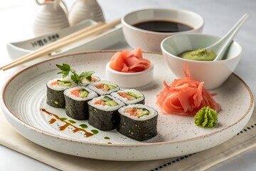 Sushi rolls with ginger, wasabi, and soy sauce beautifully presented on a plate.