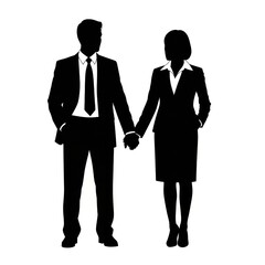 Business man and woman wearing suit standing people shaking hands silhouette on white background