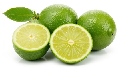 A close up shot of fresh green limes with one cut in half on a white background surface studio shot