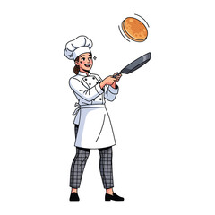 Naklejka premium Culinary Mastery: A female chef expertly flips a golden pancake in mid-air, showcasing her skill and passion for cooking. The scene exudes culinary delight and playful energy.