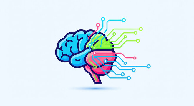 Playful colorful icon of artificial intelligence with brain and circuit lines