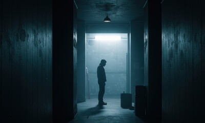 Fototapeta premium A silhouetted figure stands in a dimly lit, desolate hallway, bathed in a mysterious, bright glow from an unseen source at the end. The scene evokes solitude and suspense.