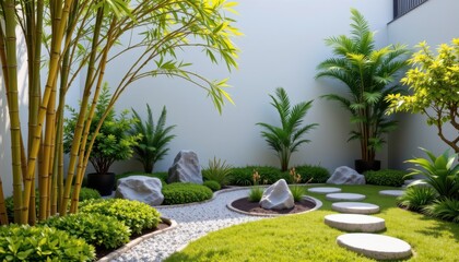 Fototapeta premium a small zen inspired meditation spot with bamboo, moss, stone paths, and low shrubs providing soft natural textures, subtle shades, and harmonious quiet environment