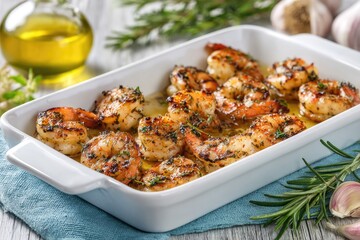 Roasted shrimp in a white baking dish, garnished with herbs and garlic