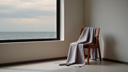 A cozy blanket drapes gracefully over a wooden chair near a window, with the expansive sea stretching beyond, the scene embodying a sense of tranquility and a peaceful, interior setting.