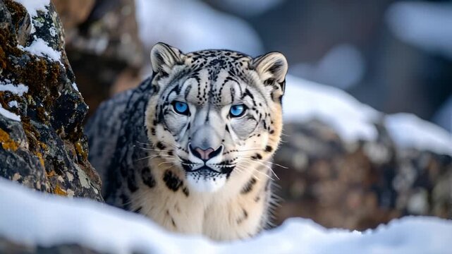 Snow leopard in snowy mountain landscape