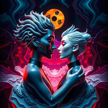 Naklejki abstract surreal jin and Yang portrait love couple art