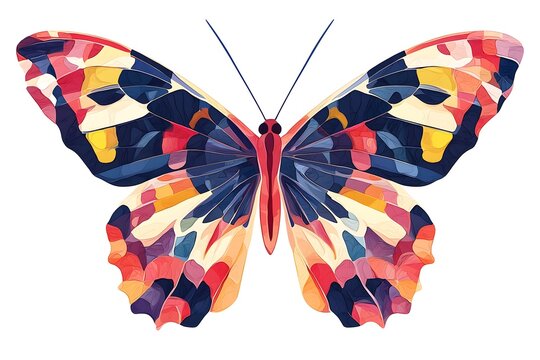 A digitally created butterfly with colorful mosaic pattern on a white background showcasing symmetry - Powered by Adobe