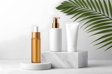 Mockup Skincare Product Trio on Marble and White Pedestals with Palm Leaf beauty cosmetic