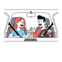 Couple Road Trip: A pair of cheerful individuals embark on an adventure, sharing smiles and conversations, a moment captured of companionship and joyful travel. 