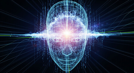 A conceptual visual of human thought, consciousness, or artificial intelligence. A profile of a human head is rendered with glowing blue light, showing the complex network of the brain
