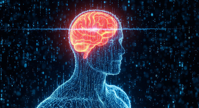 An abstract, digital render of a human head in profile, composed of glowing particles. A bright light pulses from the center of the brain, with a waveform line extending outward