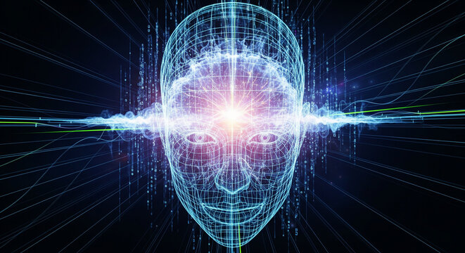 A conceptual visual of human thought, consciousness, or artificial intelligence. A profile of a human head is rendered with glowing blue light, showing the complex network of the brain
