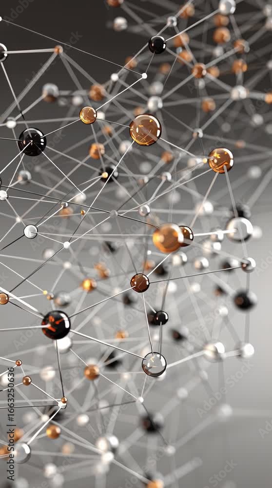 Poster abstract representation of interconnected particles showing molecular structures and dynamic interac