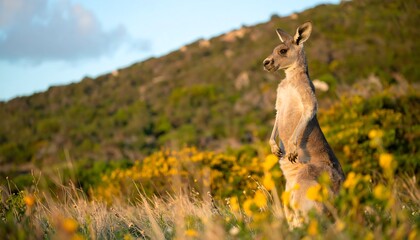 Obraz premium Kangaroo standing in a field of wildflowers at sunset