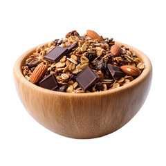 Delicious Granola with Chocolate and Grains in Wooden Bowl
