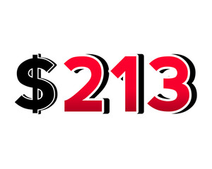 Obraz premium Bold red number $213 with a black dollar sign in a 3D style, featuring white and black outlines, creating a shadow effect on a white background.