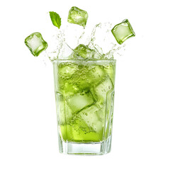 Refreshing Green Beverage Splash with Ice Cubes in Glass