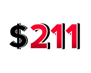 Bold red number $211 with a black dollar sign in a 3D style, featuring white and black outlines, creating a shadow effect on a white background.