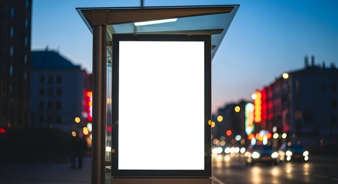 Night City Bus Stop with Blank Ad Board and Blurred Traffic Lights