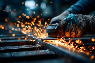 industrial worker in protective gloves using angle grinder on metal, generating bright sparks during precision fabrication process