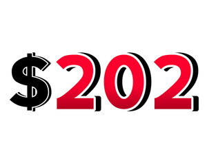 Bold red number $202 with a black dollar sign in a 3D style, featuring white and black outlines, creating a shadow effect on a white background.