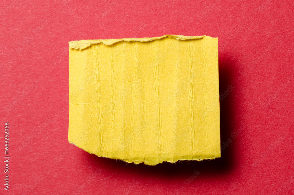 Aufkleber one single yellow torn ripped wrinkled crumpled blank paper note with drop shadow, folded edge and c