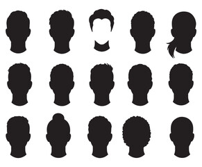 Collection of diverse male and female head silhouettes with various hairstyles.