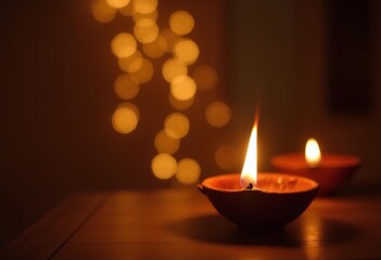 Traditional oil lamps lit on a table with bokeh fairy lights in the background, creating a warm and festive Diwali ambiance.
