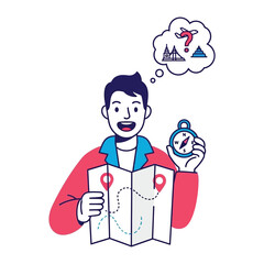 Traveler's Thoughtful Journey: A young traveler, map in hand and a compass, embarks on an adventure, mapping out his travel plans.