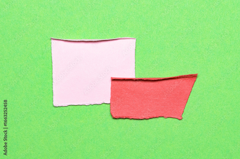 Poster two pink red overlapping torn ripped blank paper notes with folded edge dog-ear earmark and copy spa