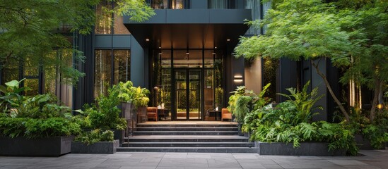 Lush greenery frames a modern building's entrance, featuring a sleek glass door and stone steps